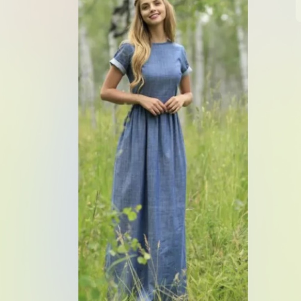 Shabby apple maxi denim cuffed sleeves dress Gemma